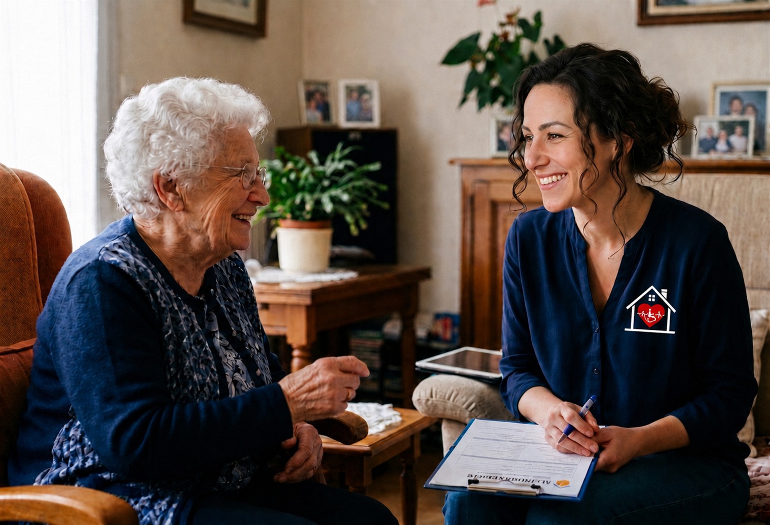 Charlotte VIRMAUD lors d'une visite à domicile, en échange avec une personne âgée